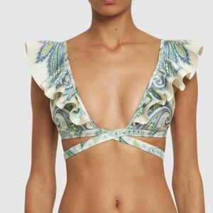 ZIMMERMANN Wrap Ruffled Bikini Top - Green and White Paisley - Size 2
